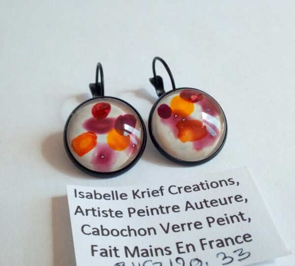 Verre peint artiste isabelle k,boucles oreilles dormeuses laiton avec cabochons ronds blanc orange violet noir,cadeau fete anniversaire noel