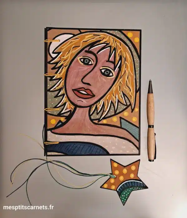 Carnet BLONDIE vue recto à plat avec marque-pages en bois et stylo en bois.